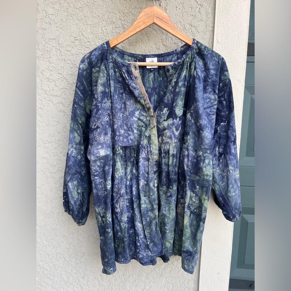 Navy Blue Green Linen Viscose Blend Cabi Woodstock Boho Tie Dye Top Size XS